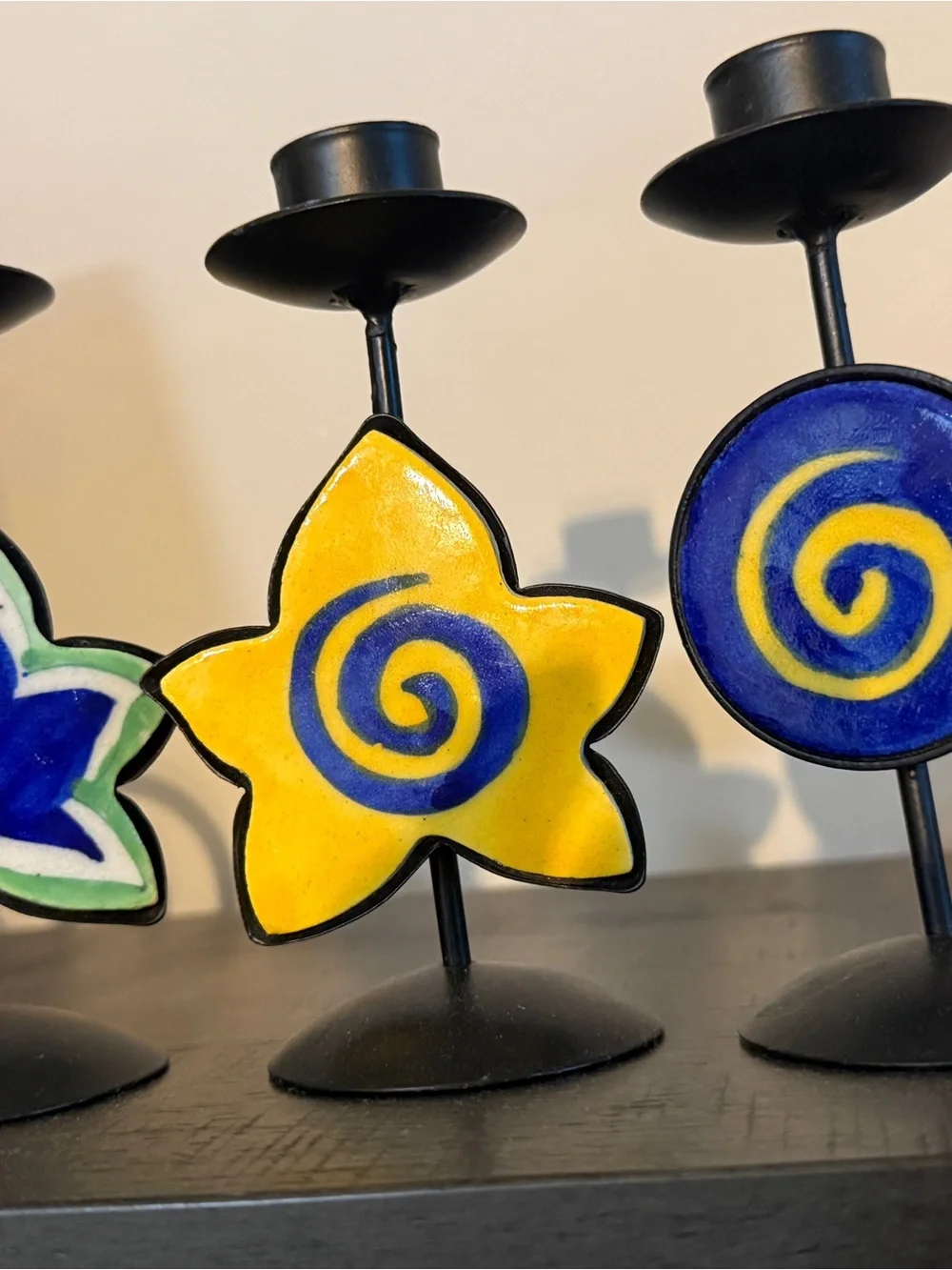 Vintage 90s Celestial Ceramic & Metal Candle Holder Trio Whimsigoth Star Spiral